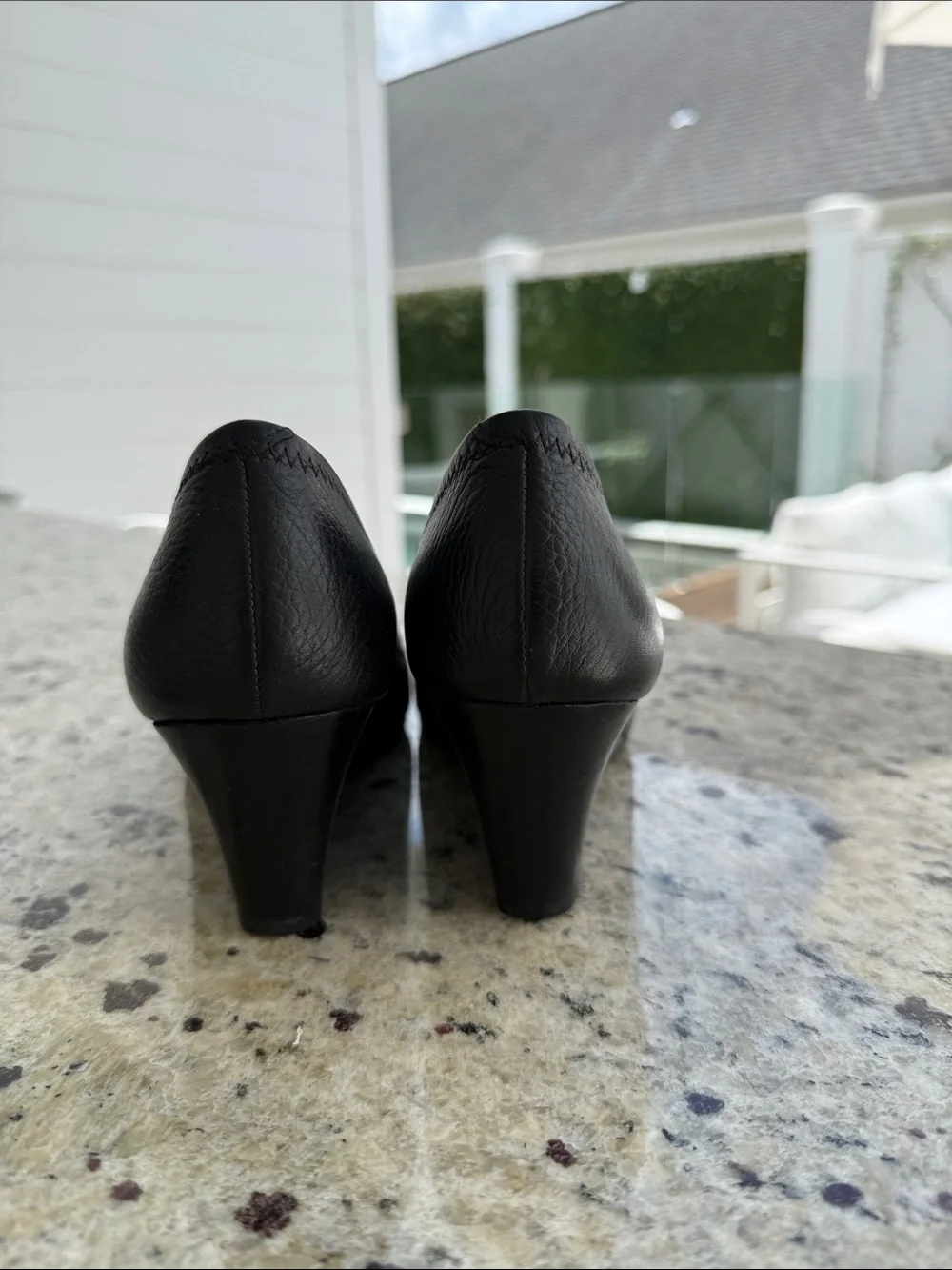 Tory Burch Black Leather Peep-Toe Heels with Gold Logo